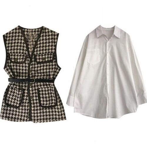 2021 Spring and Autumn Plaid Suit Vest Women Coat+ shirt Fashion Sleeveless Jacket Double Breasted Mid-Length Waistcoat Ladies