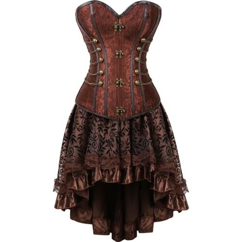 Women Corset Dress Steampunk Clothing Vintage Halloween Costume Gothic Punk Leather Corset Skirt Set Plus Size Korsett black