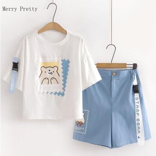 Womens Casual Short Sets Cartoon Print Cotton Crop Tops And Hight Waist Pocket Shorts Female 2021 Summer Two Piece Set Clothing