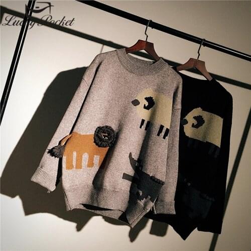 2020 Women Spring Autumn Fashion New Loose O-Neck Pullovers Female gray Animal Print Casual Long Sleeve Knitted Top QL223