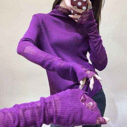Spring Autumn 2021 Womens Clothing Fashion Ladies Sweater Half Turtleneck Lace Collar Long Sleeve Top Pullover Knitwear Basic