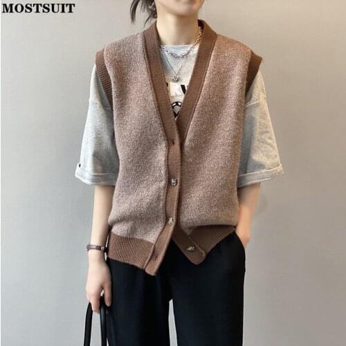 Vintage Knitted Cardigan Vest Women 2021 Autumn Winter Sleeveless V-neck Single-breasted Sweater Tops Loose Chic Ladies Jumpers