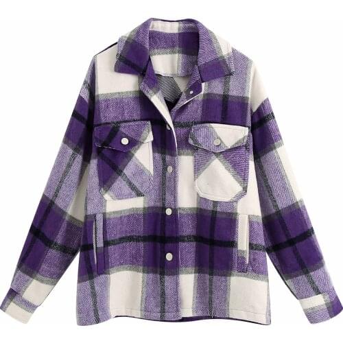 Women jacket shirt jacket new style retro purple white check printing double pocket single breasted shirt female jacket