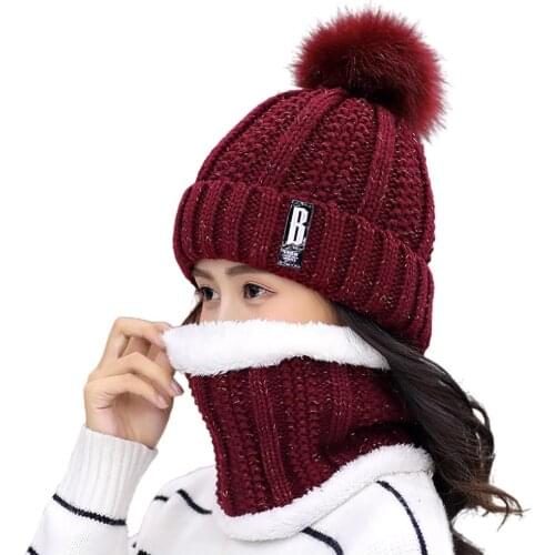 Winter Women Thick Knitted Beanie Hat Plush Neck Gaiter Scarf Outdoor Riding Set