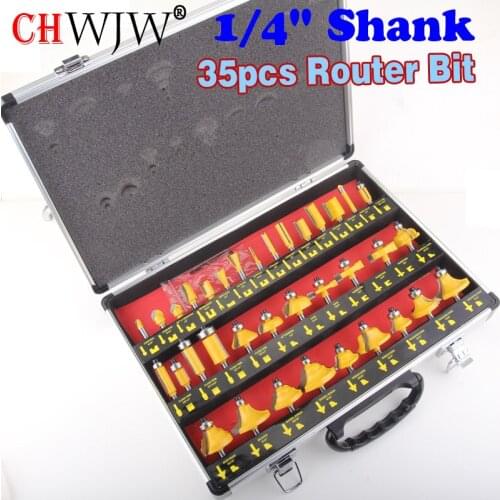 35PCS 1/4"(6.35mm) Shank Tungsten Carbide Router Bit Set Wood Woodworking Cutter Trimming Knife Forming Milling w/ Wood Case box