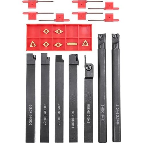 7Pcs 10mm Shank Boring Bar Lathe Turning Tool Holder + 7Pcs Carbide Insert Kits with Wrench For Turning Tool CNC Machine