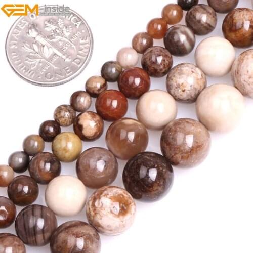 Gem-inside Natural Round Brown American Silicified Wood Opalite Stone Beads for Jewelry Making 15inches DIY Christmas Jewellery