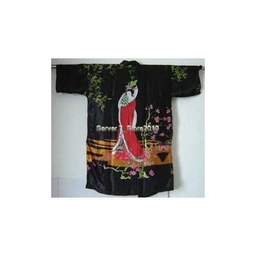 Black New Womens Bathrobe Kaftan Silk Robe Gown Printing belle Sleepwear Kimono Gown Dropshipping M L XL