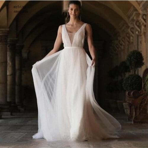 Cheap Boho Wedding Dress 2020 A Line Tulle Long Backless White Beach Wedding Dress Tulle V Neck Pleats Princess Bride Dress 2020