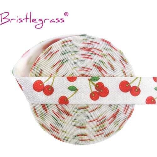 BRISTLEGRASS Wholesale 50 Yard 5/8" 15mm Cherry Print FOE Fold Over Elastics Spandex Satin Band Wrist Hair Tie Dress Sewing Trim