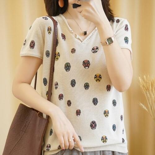 Casual New Womens T-shirt 100% Cotton Pure and Fresh Womens T-shirt Gorgeous Design V-neck Wild Large Loose T-shirt