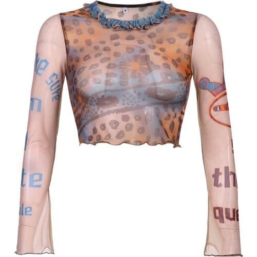 Indie Aesthetics Retro Pattren Mesh T-shirts 90s Fashion Slim O-neck Flare Sleeve Cropped Tops Vintage Tees