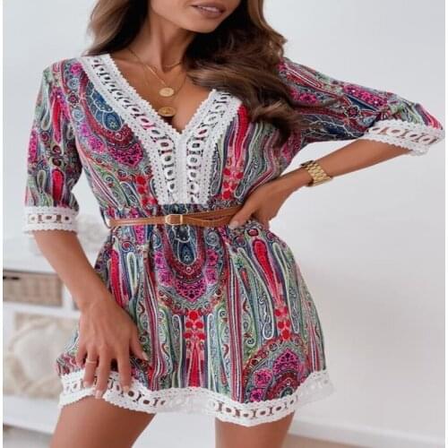 Summer Dress Women Clothing 2021 Casual Robe Femme Patchwork Lace Print Y2K Dresses V-Neck Mini Dress For Woman Vestido De Mujer