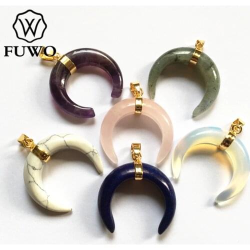 FUWO Fashion Quartz Crescent Pendant With Gold Trimmed Double Horn Natural Stone Jewelry Findings Wholesale PD216