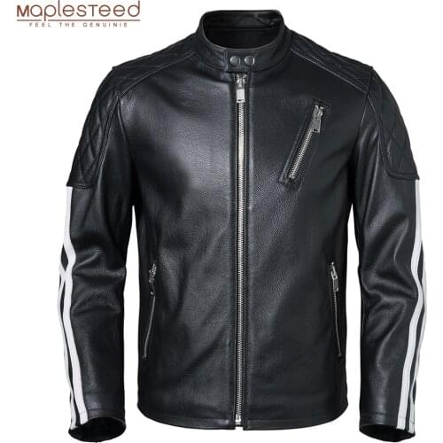 Genuine Leather Jacket Men 100% Cowhide Slim Fit White Stripes Mens Skin Coat Motorcycle Biker Clothing Autumn Asian Size M420
