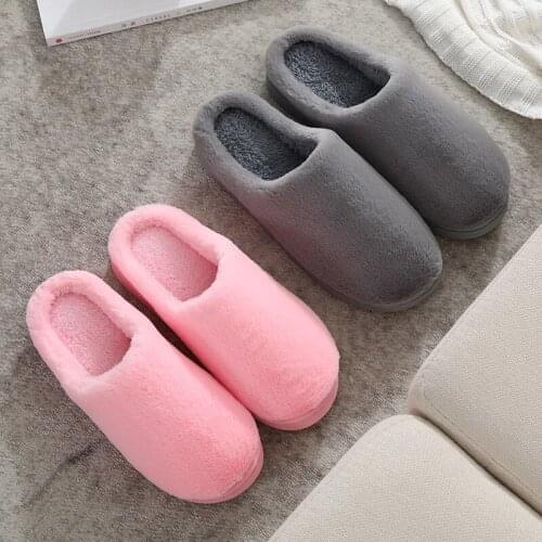 New Winter Women Solid Color Soft Stuffed Fluffy Slippers Couple Casual Non-slip Floor Warm Home Shoes Bedroom Cotton Flip Flops