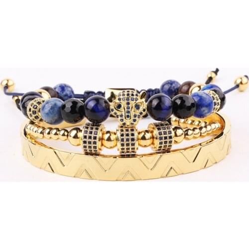 New Design High Quality 316L Stainless Steel Bangle CZ Pave Leopard Charms Bracelet Set Men Jewelry Gift