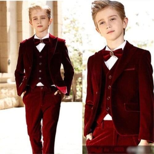 Latest Velvet Kids Children Attire Wedding Blazer Formal Wear Suit Boy Birthday Party Business Suit 3 Pieces Jacket Pant Vest