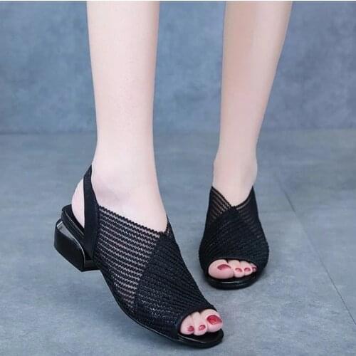Women Sandals Fashion Thick Heel Peep Toe Womens Shoes Mesh Breathable Sandals Ladies Plus Size 35-43 Girls Summer Sandal