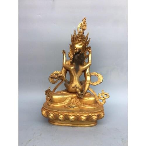 11" Tibet Buddhism Temple bronze Gilt gold Happy Buddha Statue Statue of Men and Women Love god Representative of Law and Wisdom
