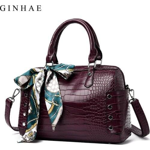 Luxury Crocodile Pattern Handbag Women Boston Bag Designer Ladies Leather Shoulder Bags Vintage Scarves Crossbody Bags For Women