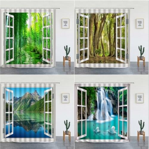 Forest Scenery Print Shower Curtains Green Plant Tree Landscape Bathtub Screen Hooks For Bathroom Background Wall Hanging Decor