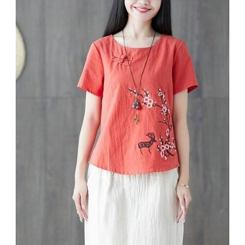 Chinese Style WomenS Clothing Summer 2020 Hanfu Embroidery Tang Suit Shirt Short Sleeve Loose Vintage Ladies Chinese Tops 11110