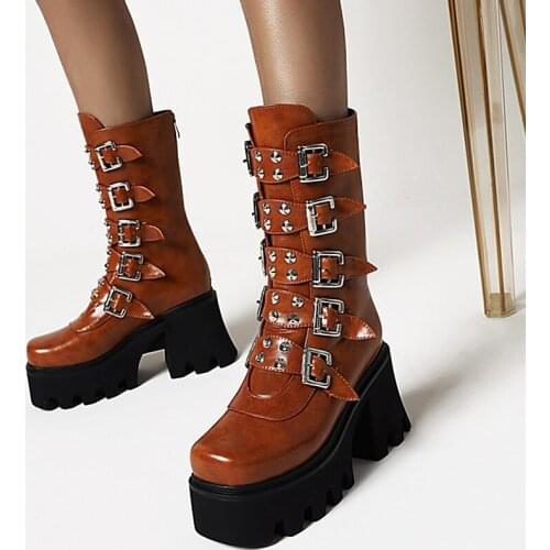 Womens Mid Calf Boots Women Boots Punk Platform Shoes Gothic Style High Heels Black Boots Size 43 Women Shoes Spring/Autumn