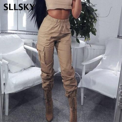 Sllsky Women Big Pockets Cargo Pants Fashion Streetwear Elastic High Waist Long Pants Female Autumn Casual Jogging Sweatpants