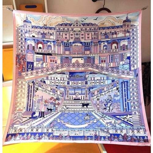 100% Twill Silk Scarf Shawl “The Grand Budapest Hotel ” Prints Large Square Head Silk Scarf Hijab 35"x35"