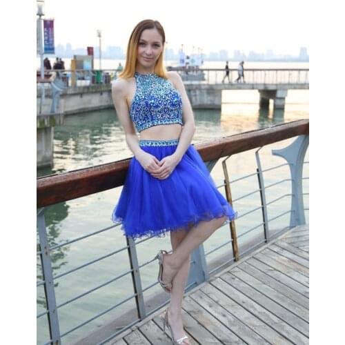 2020 Short Homecoming Dresses Jewel Crystal Beaded Two Pieces Sexy Royal Blue Tulle A-line Cheap Cocktail Dresses Party