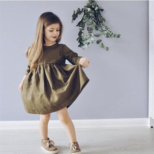 2021 Girls Dress New Cotton Cute Solid Middle Sleeve Pleated Princess Bow Ribbon Dress with