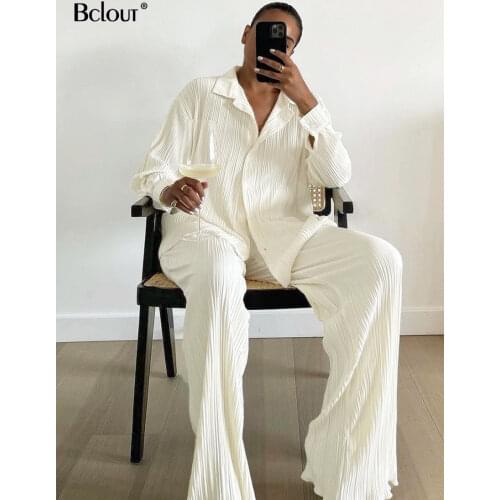 Bclout Oversize Beige Elegant Pleated Women Suit Turn Down Collar Shirt Blouse High Waist Pants Long Sleeve Casual 2 Piece Set