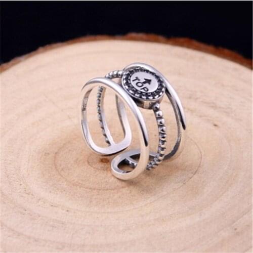 BESTLYBUY S925 Silver Creative Personality Letter TOP Three-ring Opening ring Retro Fashion Crystal Indicating Ring