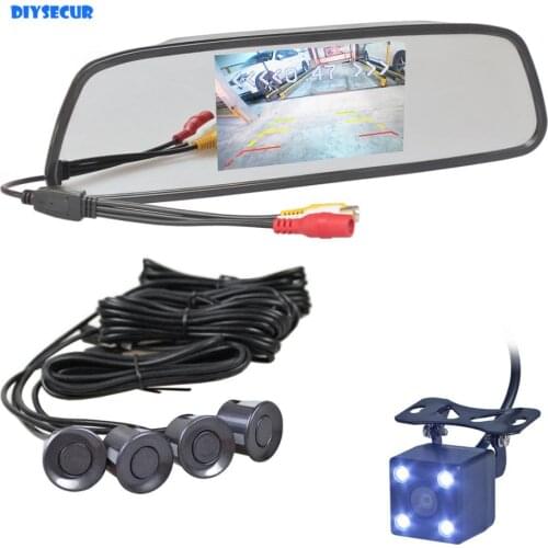 DIYSECUR 5" Car Mirror Monitor Video Parking Radar 4 Sensors + 4 x LED Car Rear View Car Camera Parking Assistance System