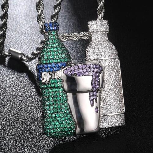 Hip Hop Micro Paved AAA Cubic Zirconia Bling Iced Out Beer Bottle Pendants Necklace for Men Rapper Jewelry