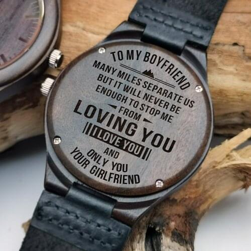 Dear boyfriend Leather watch with sandalwood watch Carving blessing on the back leather watch