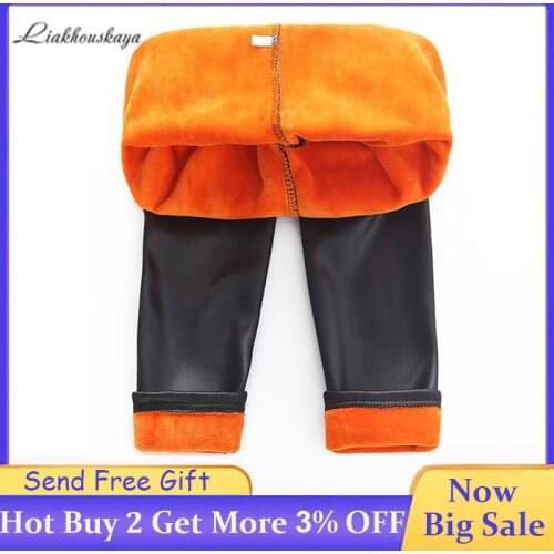 Girls leggings 2019 winter imitation leather childrens warm pants childrens velvet thick pants childrens tight pencil pants