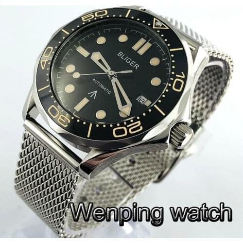 Bliger 41mm New Mens Top Luxury Automatic Watch Silver Case Sapphire Glass Ceramic Bezel Black Dial Date Luminous Mens Watch