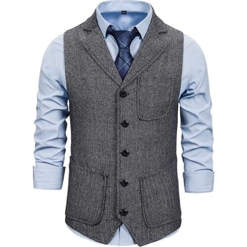 Mens Suit Vest Black Wedding Wool Tweed Business Waistcoat Jacket Casual Slim Fit Gilet Homme Vests For Groosmen Man Wedding