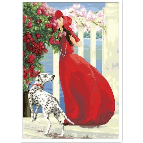 On vacation cross stitch kit woman in red dress 18ct 14ct 11ct white fabric cotton thread embroidery DIY handmade needlework