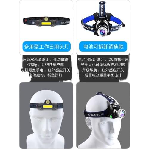 The head-mounted headlight glare bright rechargeable led long life induction trumpet night fishing special lighting ultralight