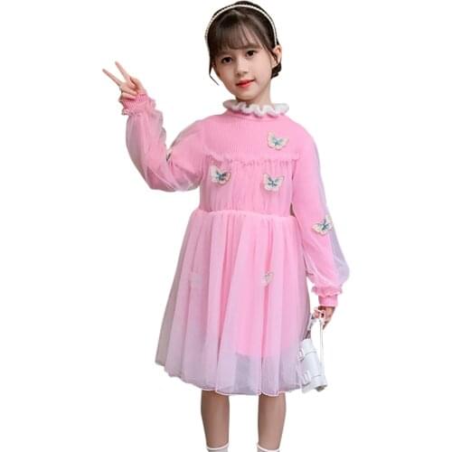 Dresses For Girls Appliques Girl Sweater Dress Mesh Knitted Dress For Children Casual Style Childrens Costumes For Girls