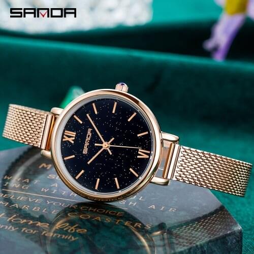 SANDA 2020 Fashion New Women Watch Charming Pattern Dial Leather Strap Waterproof Quartz Wristwatch Girl Gifts Montre Femme 1055