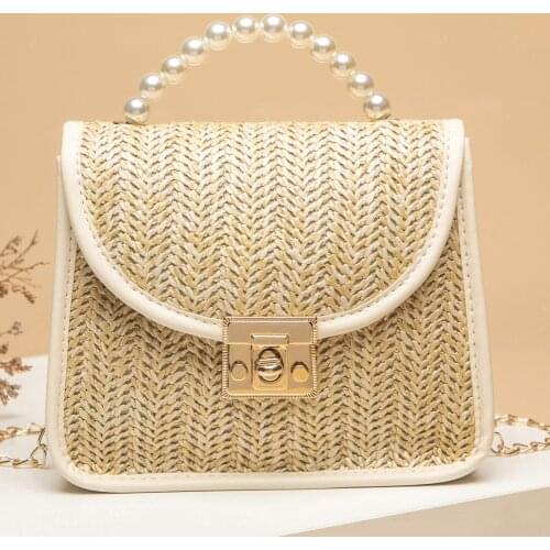 Ladies Sweet Style Messenger Bag, Girls Creative Straw Braid Faux Pearl Hand Grip Handbag Chain Shoulder Bag for Dating Beach