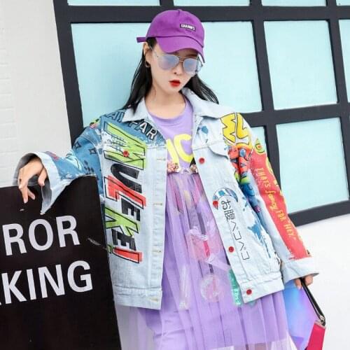 Denim Jacket Coat 2020 Spring Women Female Embroidery Letter Casual coat Long Sleeve Stylish Graffiti Outerwear Blue Y264