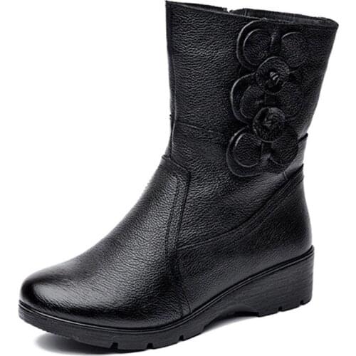 Retro Genuine Leather Snow Boots Flower Zipper Wedge Short Ankle Boots for Women Thick Plush Shoes 2020 Winter Mother Warm Shoes