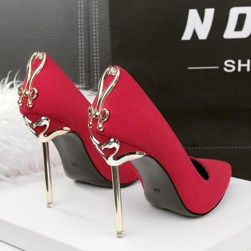 2020 Woman Extreme 10cm High Heel Pumps Female Flock Velvet Pointed Toe Hakken Fetish Metal Heels Ladies Footwear Scarpins Shoes