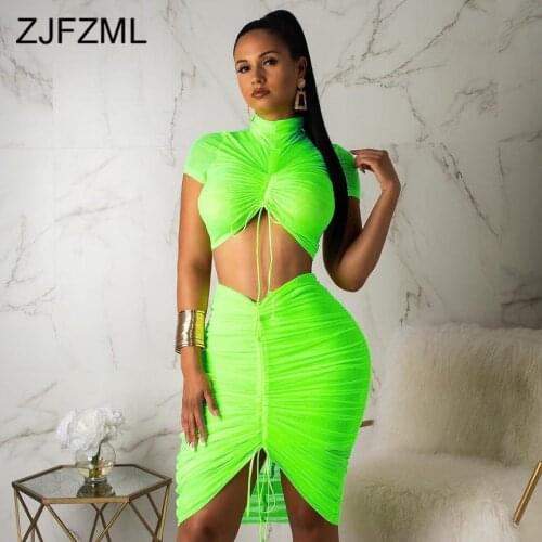 Neon Green Yellow Sexy Two Piece Set Women Turtleneck Short Sleeve Crop Top+ Pleated Bodycon Dress Tracksuit 2 Piece Club Outfit