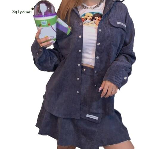 Autumn Corduroy Blue Women 2 Piece Set Blouse Shirt Top Pleated Mini Skirt Korean Female Streetwear Gothic Matching Outfits Suit